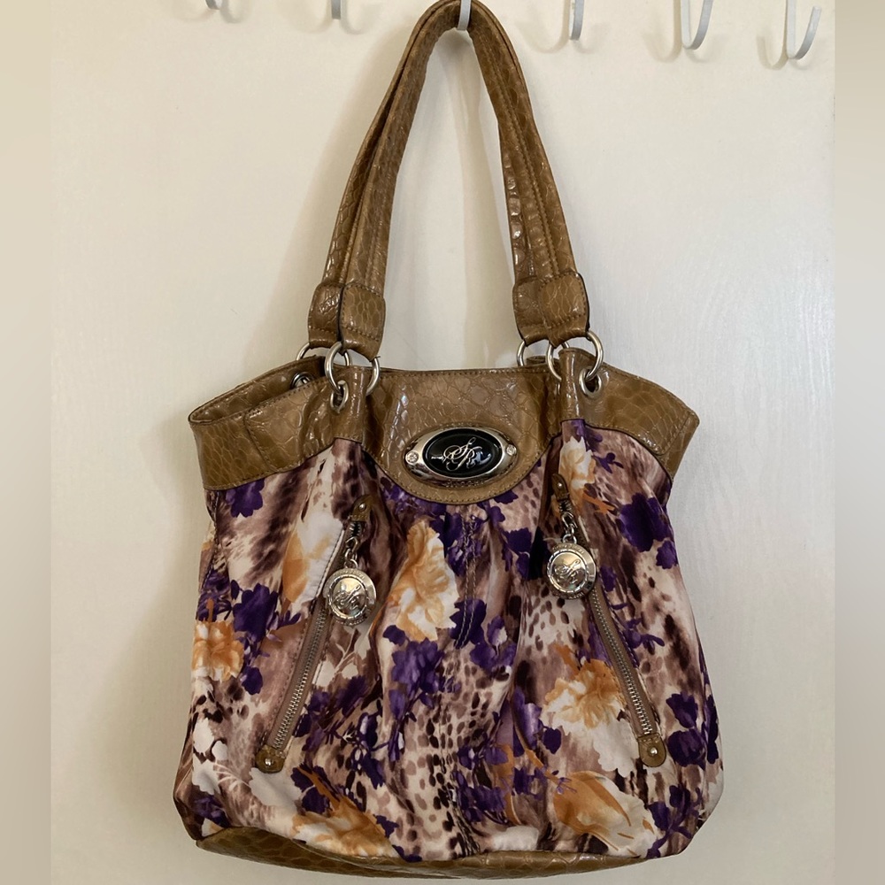 *Sienna Ricchi Tan Faux Crocodile Floral Hobo Shoulder Bag Purse